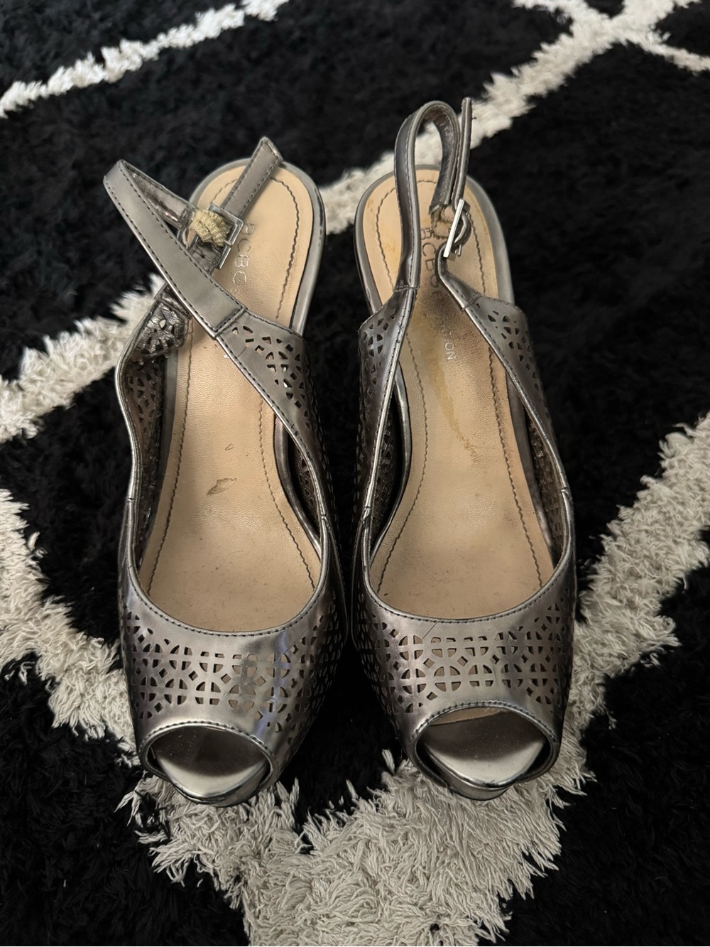 BCBGeneration Metallic Pewter Laser-Cut Peep-Toe Slingbacks